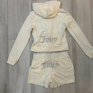 Juicy Couture Oyster White Cream Velour Rhinestone Zipper Hoodie & Shorts Set M